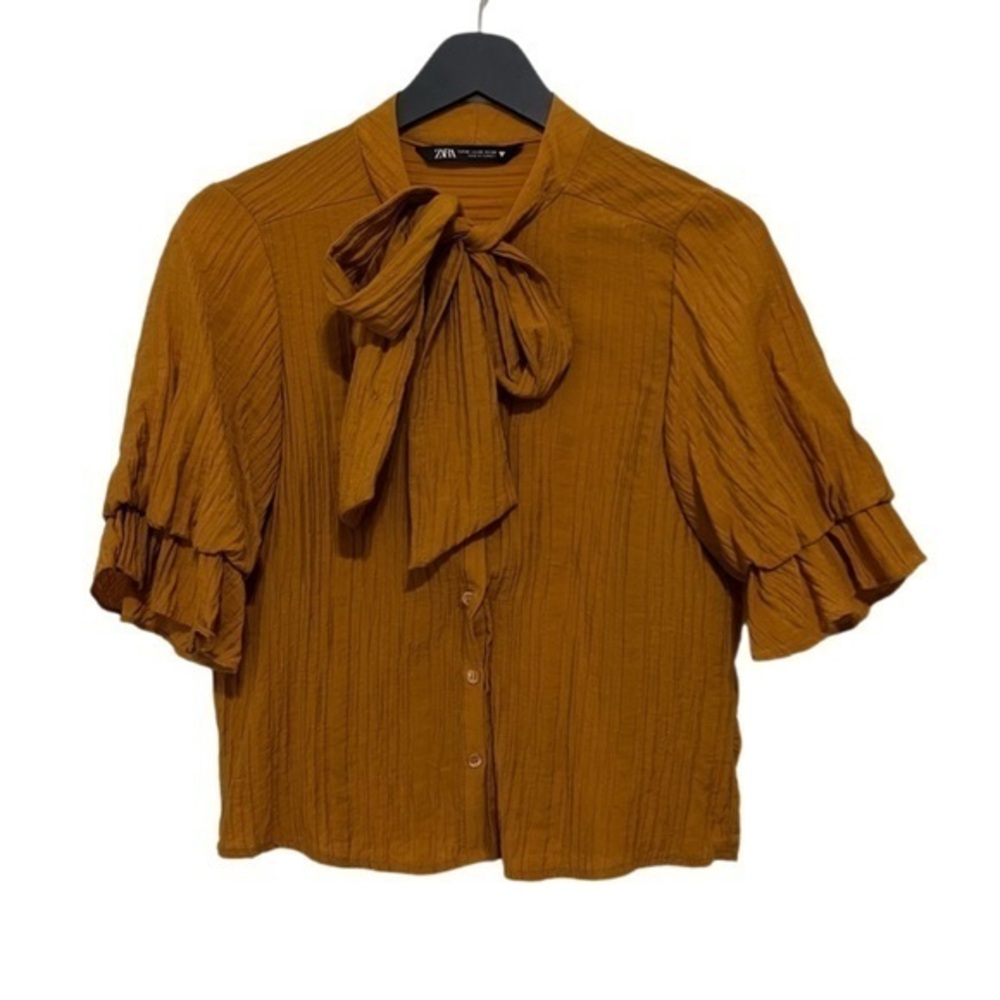 ZARA Mustard Blouse With Bow Detail Short Sleeve Button size XS